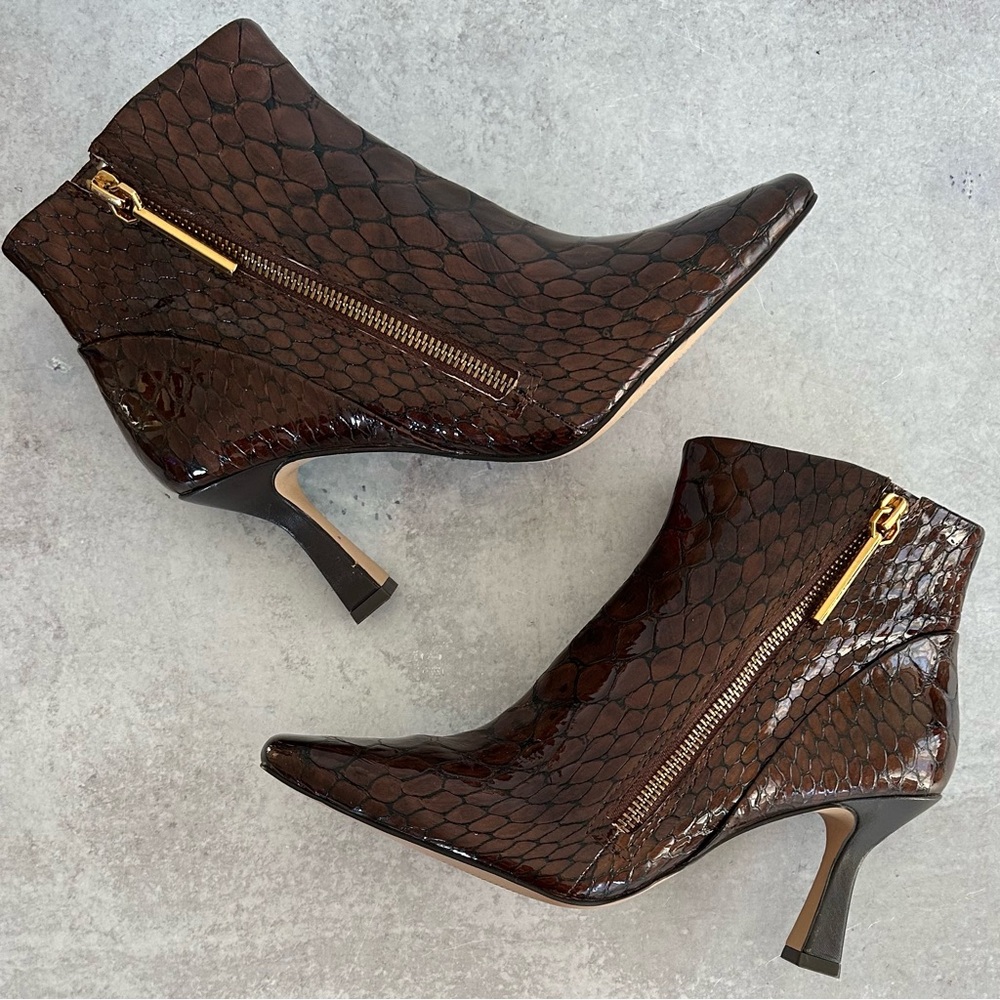 Louise Et Cie Lenah Square Toe Croc Leather Bootie, Cocoa Brown 7 NEW